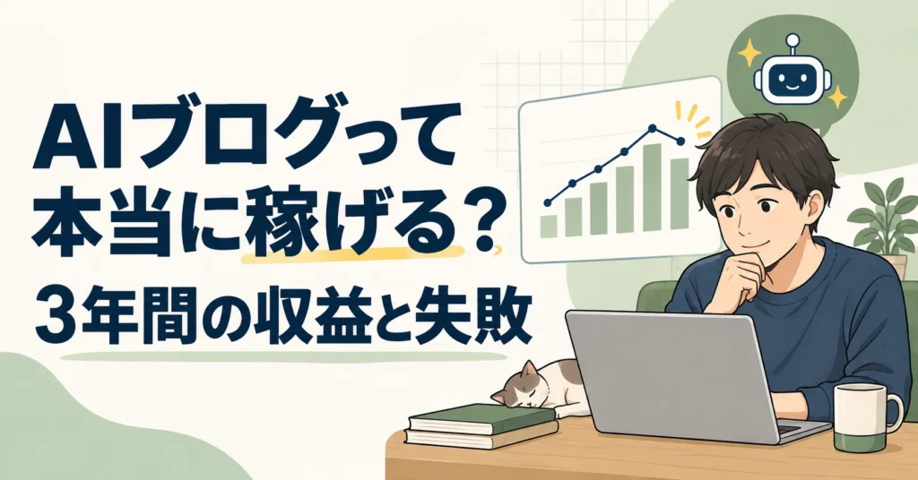 AIブログを3年続けた収益と失敗をまとめた記事のアイキャッチ